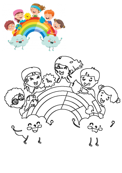 Illustration of children with rainbow and clouds on white background. Happy kids holding the sun, heart, earth, and drop. 