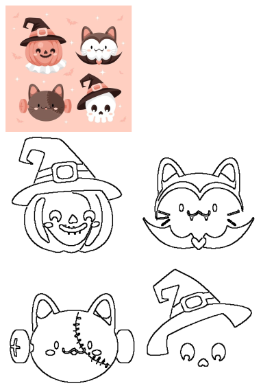 Cute Halloween characters illustration featuring a pumpkin, vampire cat, Frankenstein cat, and skull on a pink background with bats.