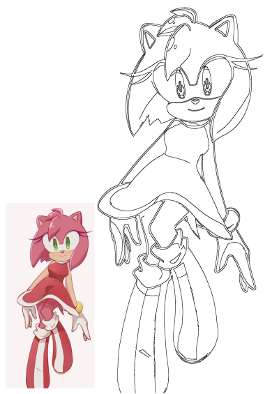 Cartoon image of Amy Rose, a Sonic the Hedgehog character. She has pink hair, green eyes, wears a red dress with white trim and is very cute.