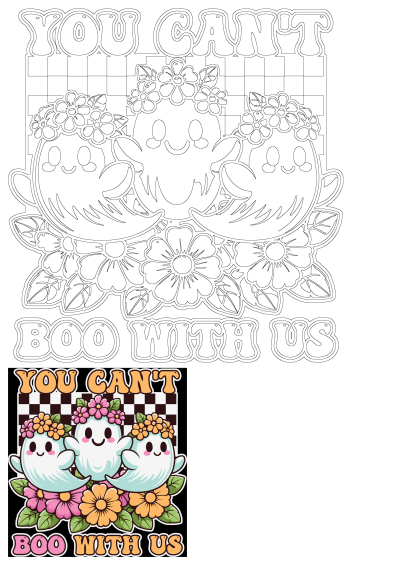 High-resolution image: Cute Halloween ghosts with flower crowns, "You Can't Boo With Us" design. Great for stickers, Cricut, t-shirts, and party decorations.
