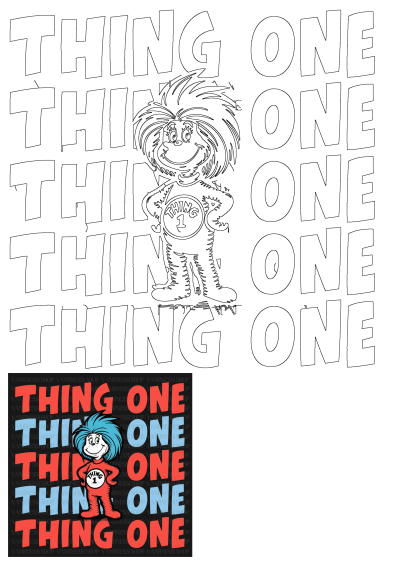 Thing One from Dr. Seuss in red, white, and blue text on a black background. Image shows Thing One. "Thing One" text is displayed.