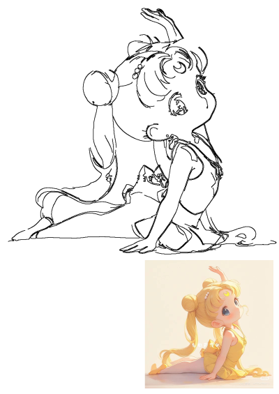 A cute illustration of Sailor Moon in a yellow leotard striking a yoga pose, featuring big blue eyes and her iconic blonde hairstyle.