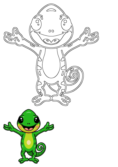 A cheerful cartoon green lizard with big eyes and arms outstretched, smiling broadly. A cute and friendly illustration.