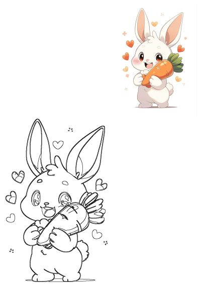 Adorable cartoon of a white rabbit holding a carrot in its paws. The rabbit is surrounded by hearts, adding a touch of cuteness and charm. 
