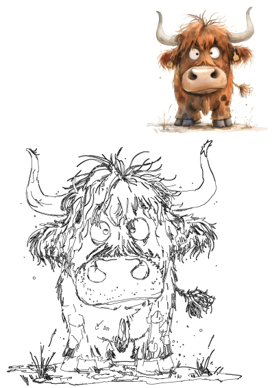 Funny Highland Cow clipart illustration for digital paper craft, card making, and scrapbook projects. Cute funky cow with large eyes.
