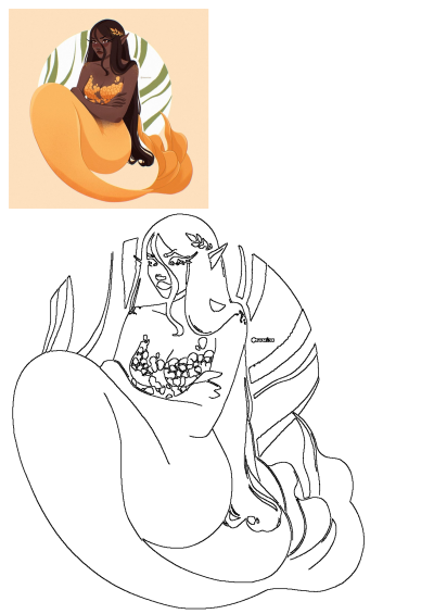 Digital art illustration of a mermaid with a long orange tail, brown skin, black hair, and a gold laurel wreath. By Aisarine.