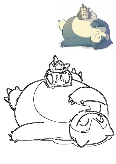 A cartoon drawing of Mimikyu sitting on top of a sleeping Snorlax. Image shows the bond between these iconic Pokemon.