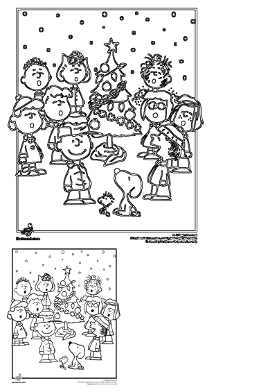 Charlie Brown, Snoopy, and the Peanuts gang sing Christmas carols under falling snow around a festive Christmas tree.