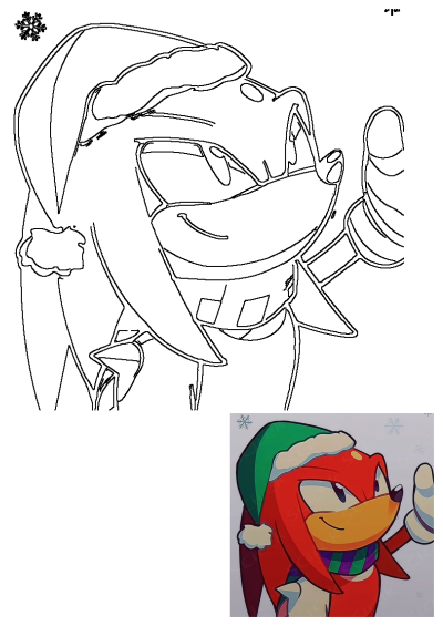 Cartoon image of Knuckles the Echidna wearing a green Santa Claus hat and scarf while holding his hand up in a festive greeting.