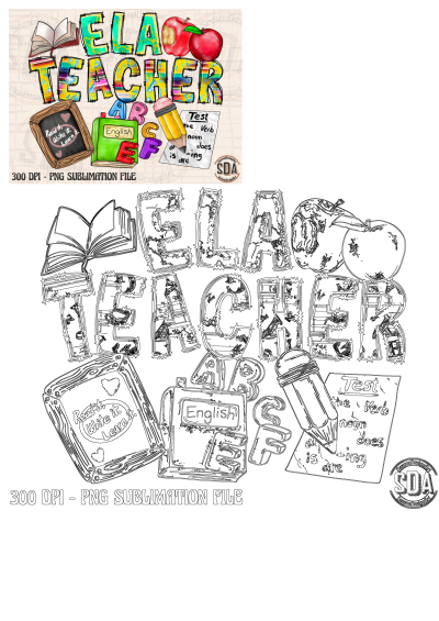 Back to school poster featuring 'ELA Teacher' with apples, books, pencils, and a chalkboard. Combines image content and the alt information.