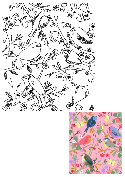 Illustration of six colorful birds sitting on tree branches with pink flowers, leaves, and butterflies. Whimsical bird illustration art.