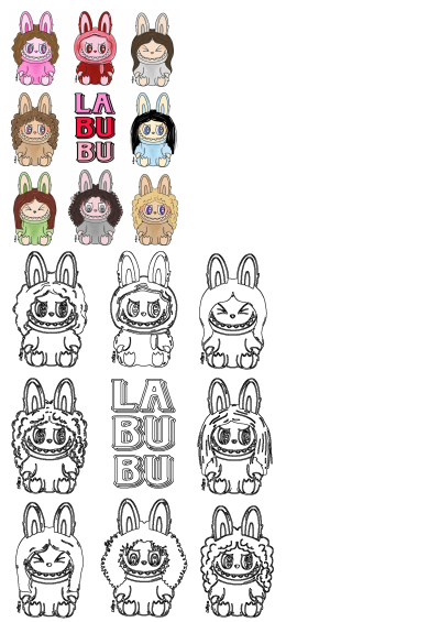 Cartoon characters with the words 'LA BU BU' and their faces in different colors, including bunny ears. Colorful and whimsical illustration.