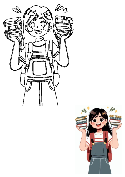 Cartoon illustration of a happy girl student holding two stacks of books. Stars above her head symbolize her excitement for learning. Alt: a girl holding two stacks of pancakes in her hands, with stars above her head.