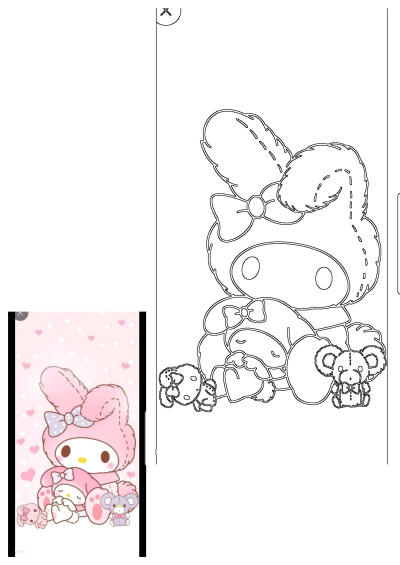 Image of My Melody wearing a bunny hood and holding a friend with a pink background and cartoon style, surrounded by stuffed animals.