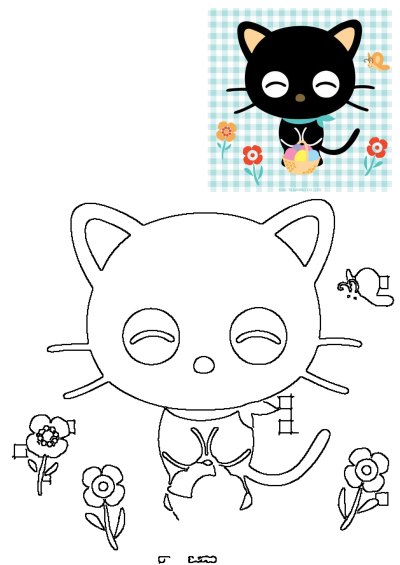 Black cat holding easter egg basket on checkered tablecloth with butterflies and flowers, perfect for spring and Easter themes. 