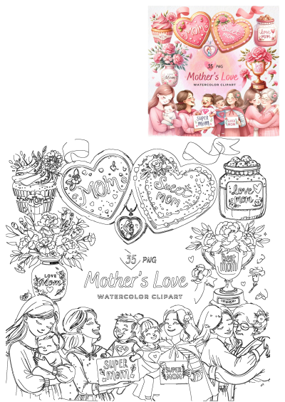 Mother's love watercolor clipart features adorable mothers and children, sweet treats, flowers and loving sentiments. Perfect for Mother's Day crafts.