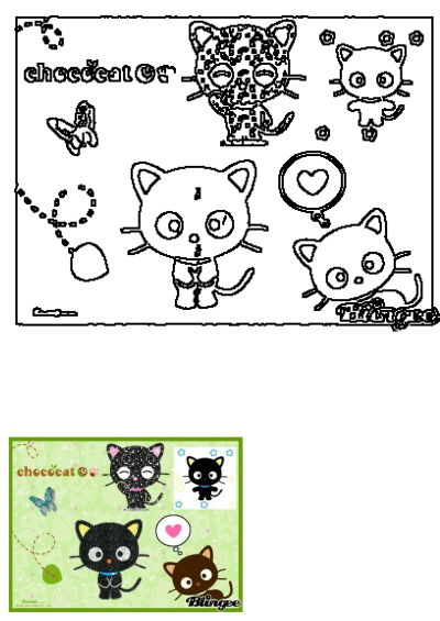 Cute cats and butterflies on a green background with the words Chocolate Cat. A delightful image of Chococat and friends.