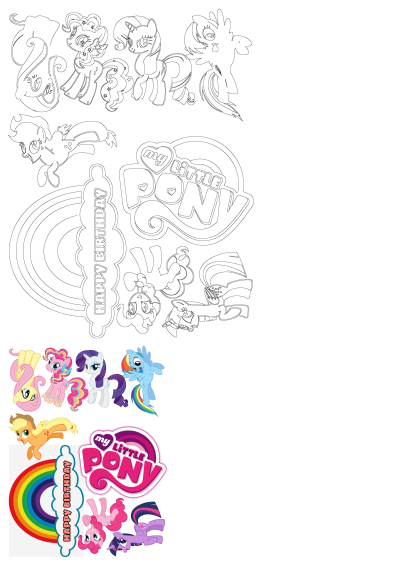 Colorful My Little Pony stickers including Fluttershy, Pinkie Pie, Rarity, Rainbow Dash, Applejack, and Twilight Sparkle. The my little pony stickers are all different colors.