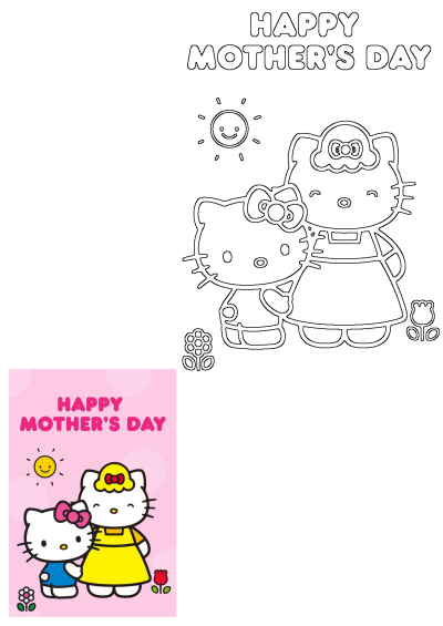 Happy Mother's Day! Cute image featuring Hello Kitty and her child. Pink background with sun and flowers, a cartoon illustration.