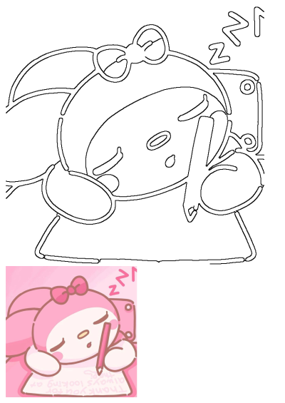 A cartoon character, likely My Melody, in shades of pink, is holding a pencil and writing on paper in the image. The character is sleeping.