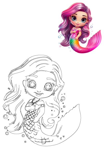 Adorable cartoon mermaid with pink hair and big eyes sitting on a white surface. She features a rainbow colored tail and charming details.