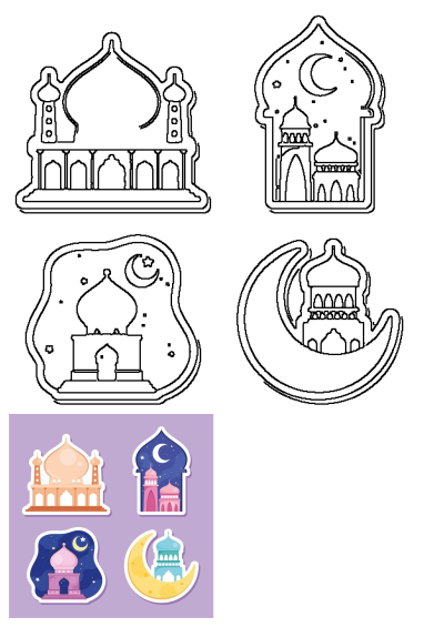 Four stickers showcase mosques and the moon in the night sky, set against a purple background. Celebrate Islamic culture with these colorful designs.