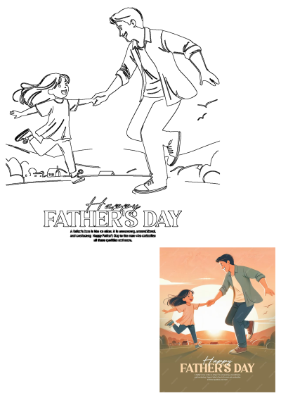 Father's Day card. A child happily holds the hand of his dad as they run together, expressing love and connection.