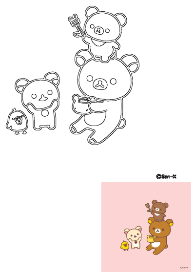 Cute illustration of two brown Rilakkuma bears stacked with a white bear and a chick, on a pink background. One bear holds a honey pot and honey dipper.