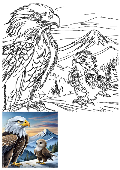 Watercolor illustration of two bald eagles, adult and eaglet, stand on a snow-covered hill against a backdrop of mountains.