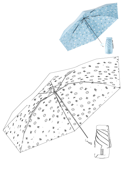 Open umbrella with white flowers on it and a blue case next to the umbrella. The umbrella and case are a matching light blue color.