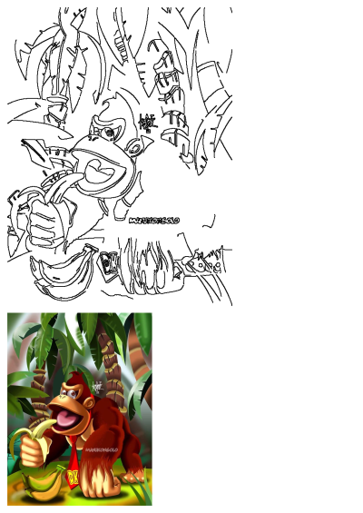 Cartoon illustration of Donkey Kong, a monkey, eating a banana in a jungle setting. Artwork features the iconic DK character in his natural habitat.