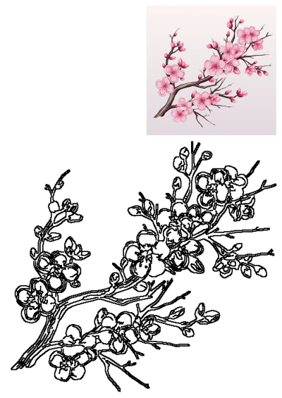 Illustration of delicate pink cherry blossoms on brown branches with buds, a beautiful floral design.