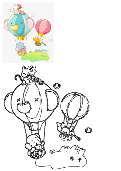 Cartoon image of two hot air balloons flying in the sky with cute animals including a cat, fox, and elephant, enjoying the view, children book illustration.