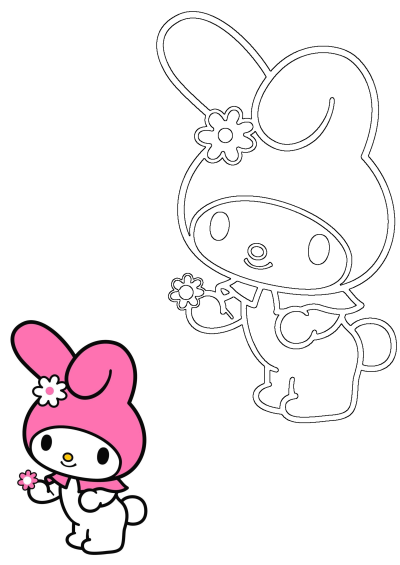 Cute My Melody character with a pink hood, holding a flower. Sanrio's adorable bunny is perfect for kawaii-themed content. 