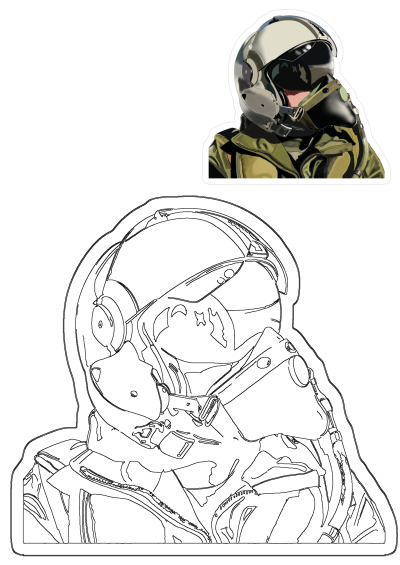Vinyl decal sticker featuring a fighter pilot with helmet and mask. Durable, water-resistant options to decorate laptops, cars and more.