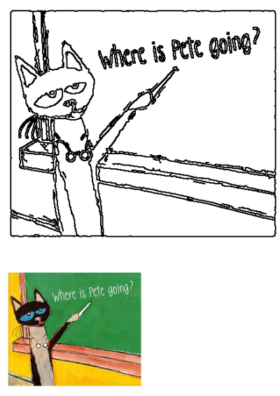 A cartoon image of Pete the Cat pointing at a chalkboard, posing the question: Where is Pete going? Colorful and engaging.