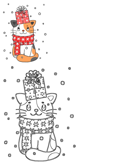 An adorable calico cat with a red snowflake scarf and Christmas gifts, shown both in color and as a black and white outline.