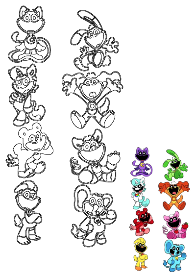 Free Coloring Pages and Books - Poppy's Smiling Critters drawings: cat, dog, unicorn, bear, rabbit, elephant, pig, duck. Ready to print and color.