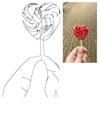 A hand holding a red and white striped heart-shaped lollipop on a street with brick pavement. Sweet treat for a special occasion.