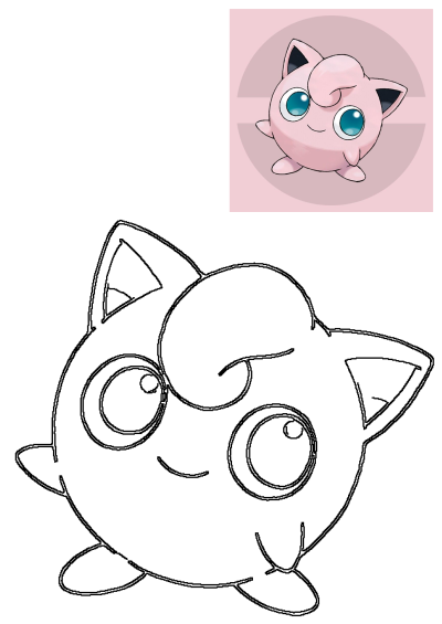 A cute, pink Jigglypuff Pokémon with big blue eyes sits in front of a round frame on a matching pink background.