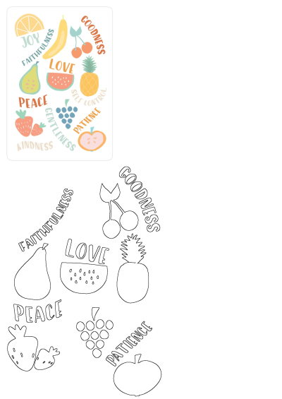A sticker with fruit illustrations (orange, pear, grapes, watermelon, etc.) and words like love, peace, happiness, joy, kindness and more.