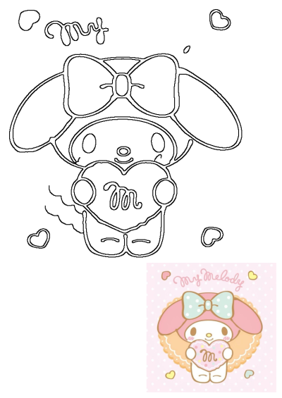 A cute My Melody bunny holding a heart with the letter M, wearing a bow on its head in front of a pink background. Kawaii Sanrio character.