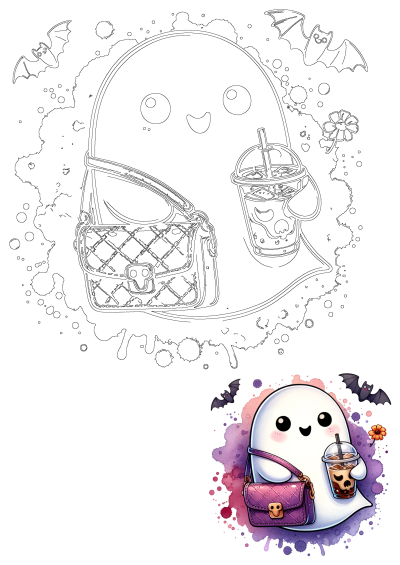 Cute cartoon ghost enjoys a spooky season with a skull-decorated boba drink and a stylish purse. Whimsical Halloween vibe with bats and flower.
