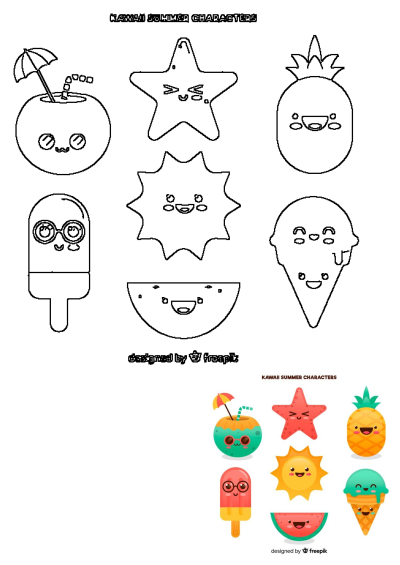 Kawaii summer characters with ice cream, watermelon, pineapple, sun, star and other cute elements for a fun summer vibe.
