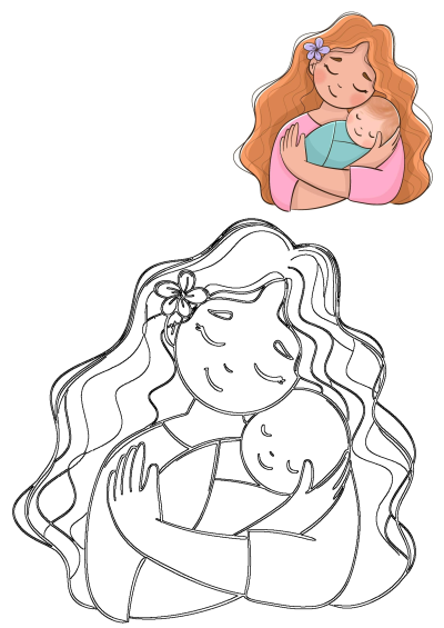 Cartoon illustration of a mother tenderly holding her baby, both with closed eyes and smiles, conveying a loving and peaceful scene. 