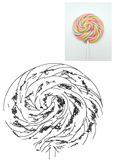 Close-up of a vibrant, colorful spiral lollipop on a white stick. Featuring pink, orange, green and white. A sweet treat delight!
