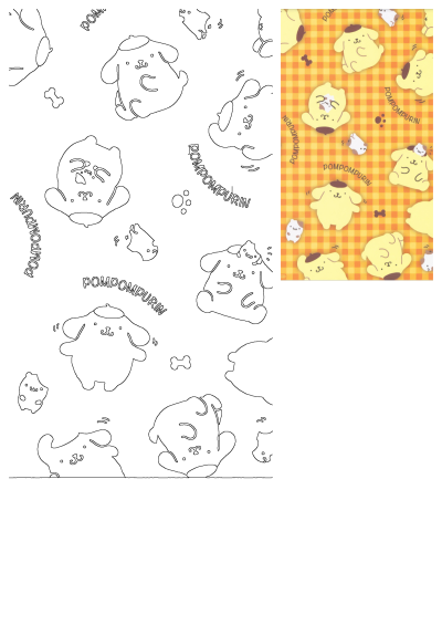 A yellow and white checkered table cloth with different cartoon dogs on it, including Pompompurin. Cute cartoon pattern with dog theme.
