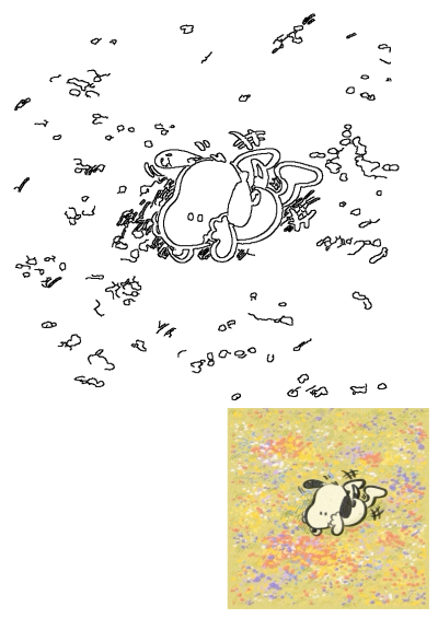 Snoopy dancing joyfully in a field of colorful flowers. Happiness radiating from the iconic Peanuts character, filled with joy.