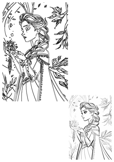 Frozen princess coloring page for adults and kids featuring Elsa with a snowflake. Printable coloring page for hours of creative fun.