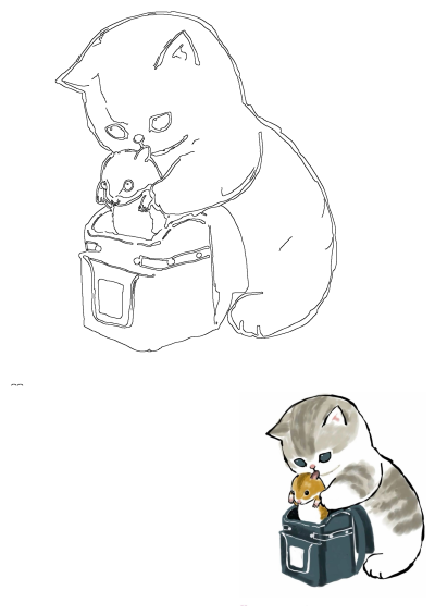 Drawing of a cute cat gently playing with a hamster nestled in a pocket. Adorable animal illustration on a white background.